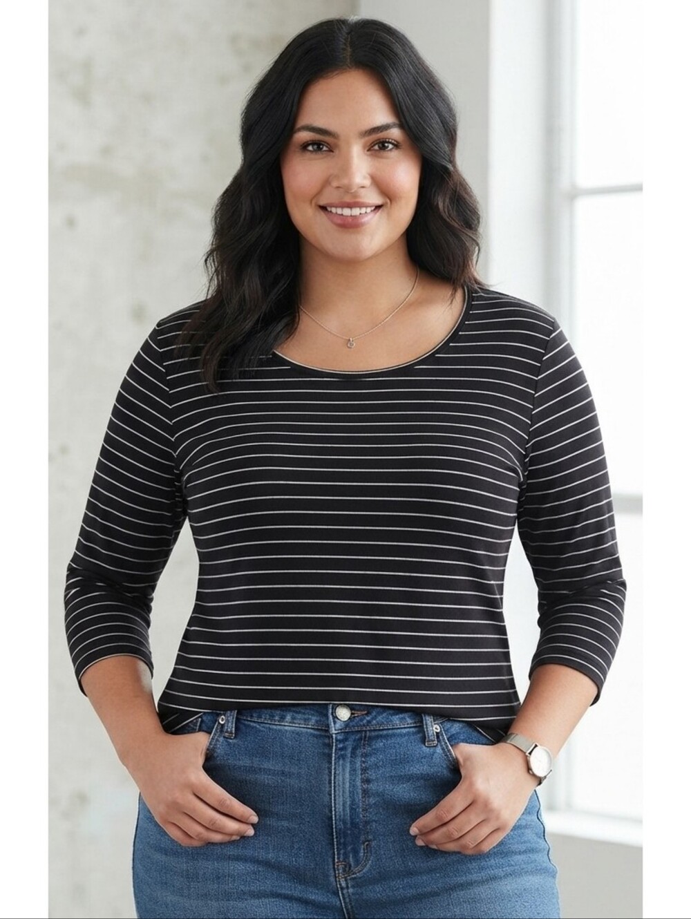 Terra & Sky 3/4 sleeve Striped top Black & White Size 16W/18W